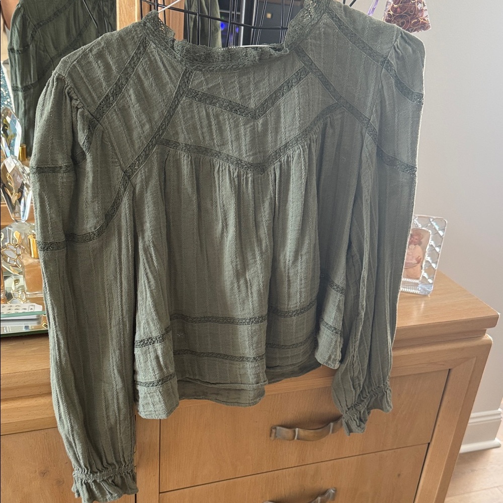 Olive Green Boho Peasant Top - Womens